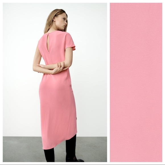 NWT. Zara Pink Asymmetric Draped Midi Dress. Size L. - Picture 8 of 14